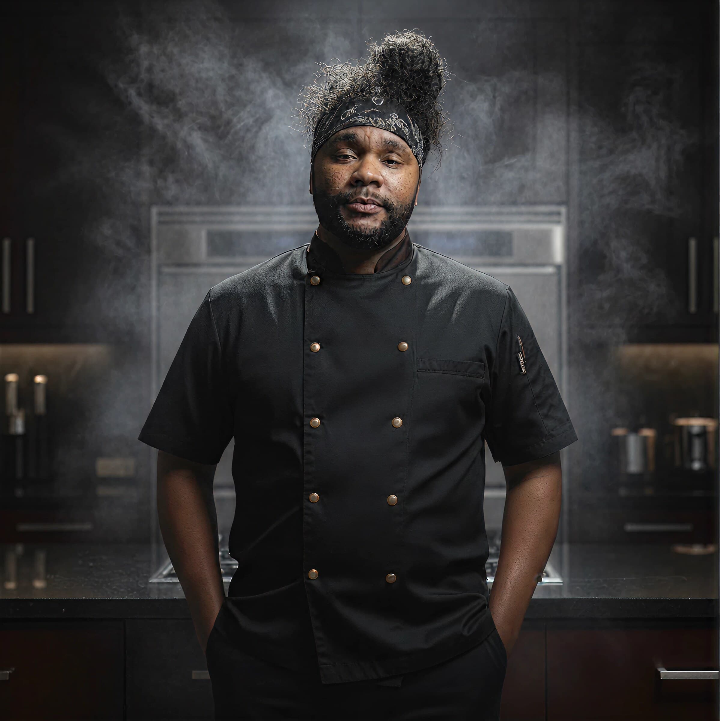 Chef Johnson of FIRE BY JOHNSON in a black chef's coat amid atmospheric culinary smoke